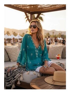 Boston Proper ♔ Chiffon Crystal Bead Embellish Kimono Sleeve Swim Coverup ♔ Aqua